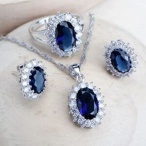 Luxury Sterling Silver Blue Diamond Stone Necklace Earrings & Ring Set